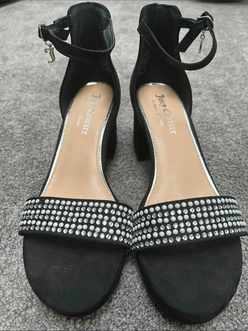 Juicy Couture Black Crystal-Studded Ankle-Strap Block Heels